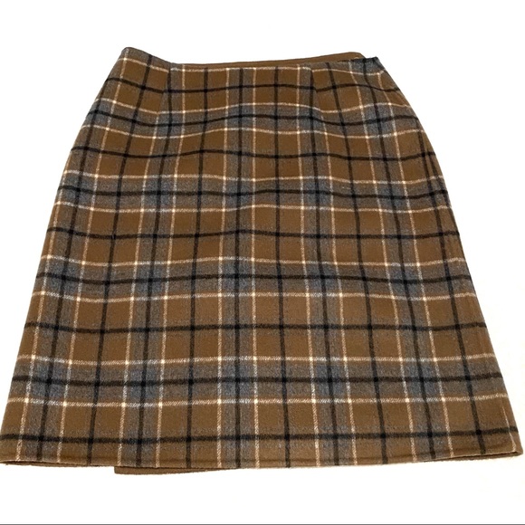 Alexandra Bartlett Brown Blue Plaid Wool Angora Knee A Line Wrap Skirt - Picture 5 of 12